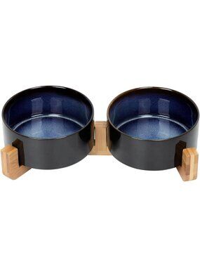 Modern Ceramic Pet Bowl Set with Wooden Stand - Cute Weighted Dog & Cat Bowls